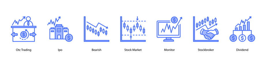Fototapeta premium Market Monitoring web banner icon vector illustration featuring OTC Trading, IPO, Bearish, Stock Market, Monitor, Stockbroker, and Dividend.
