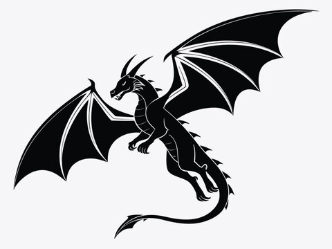 Adob Dragon Silhouette Flying and Roaring Dragon Vector Collection, Mythical Fantasy Creature Wings Logo Icon, Medieval Tattoo Style Isolated on Whitee Illustrator Artwork
