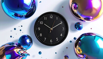 A black clock surrounded by reflective orbs of various sizes and colors on a white backdrop
