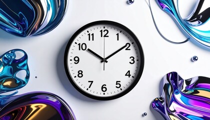 A round analog clock, centered on white, surrounded by abstract, iridescent, shapely forms