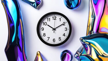 A circular black clock sits on a white surface, surrounded by iridescent, abstract shapes