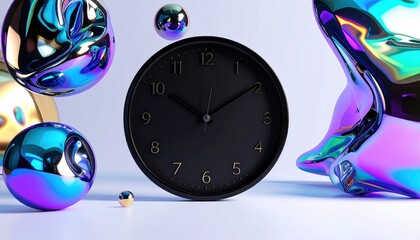 A black clock surrounded by iridescent, shapeless orbs on a white gradient background