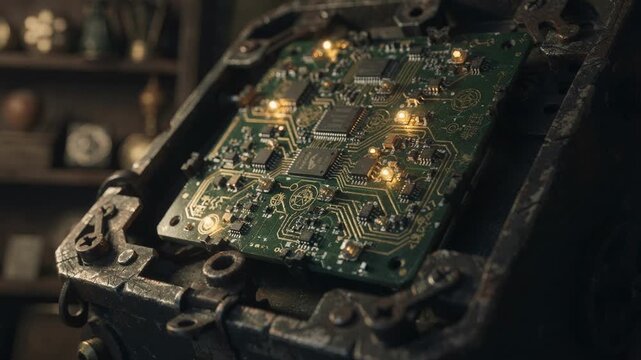 Closeup of intricate circuit board replacement inside a mystery escape room prop featuring softly glowing symbols and blurred shelves filled with puzzle clues.