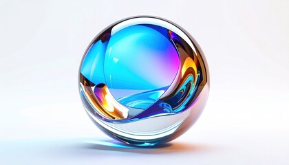 A translucent orb, with an inner sculpted curve reflecting vibrant colors, rests on white