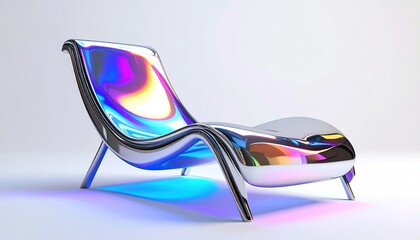 A chrome chaise lounge reflects colorful light, creating a futuristic, sleek design
