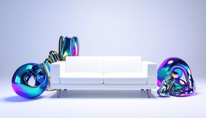 A minimalist white couch flanked by iridescent, abstract sculptures on a white background