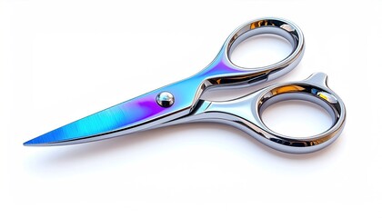 Gleaming, iridescent scissors, open, angled, casting a shadow, isolated on a white backdrop