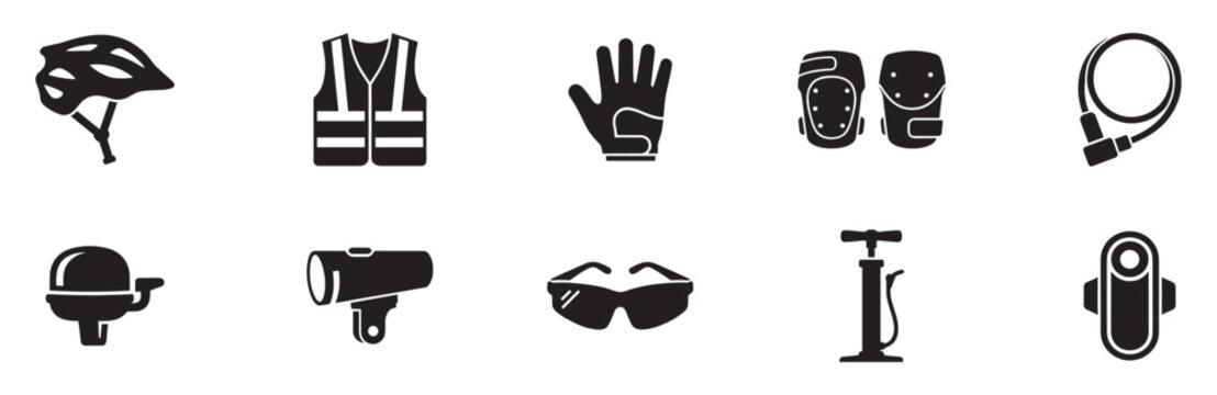 Cycling equipment and bicycle gear flat icon set. Minimalist black flat style for sports, fitness, and outdoor activity. Riding accessories and tools collection on white background.