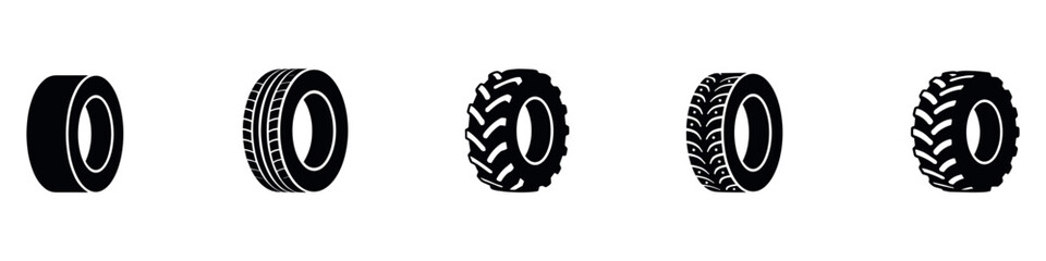 Car tyre icon set. Car tire tracks vector, icon design. Tire tracks, rubber wheels, and braking marks. Truck, car, tread pattern silhouettes. Perfect for auto racing, speed-related designs. Vector Ill © Jeremy_Show