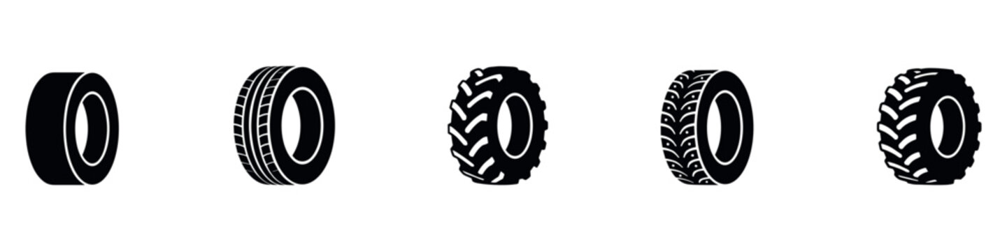 Car tyre icon set. Car tire tracks vector, icon design. Tire tracks, rubber wheels, and braking marks. Truck, car, tread pattern silhouettes. Perfect for auto racing, speed-related designs. Vector Ill