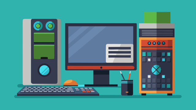 Modern workspace featuring computer equipment and office supplies with a vibrant design. isolated on white background, Vector