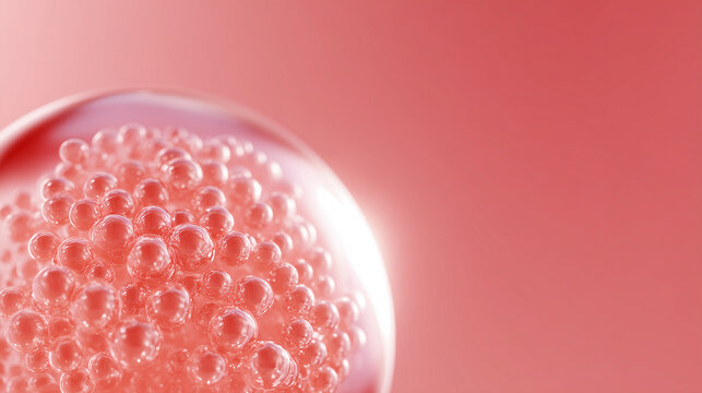ピンクのマイクロカプセルと透明バブルのクローズアップ　PDRN・ペプチド・ヒアルロン酸など美容成分イメージ背景　Pink microcapsules in clear bubble close up 3D illustration PDRN peptide hyaluronic acid beauty ingredient background