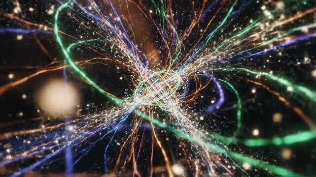 Abstract streams of light and bokeh swirl and converge against a dark void backdrop