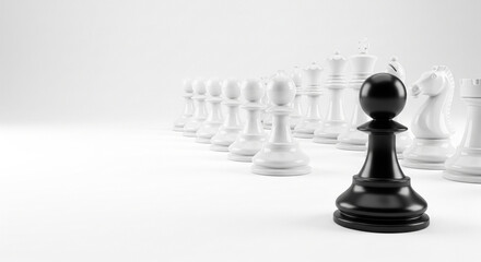 Fototapeta premium Single black pawn standing out in front of rows of white chess pieces for uniqueness