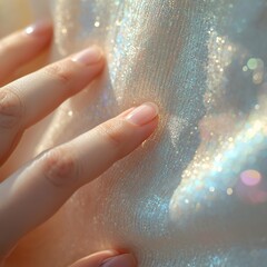 Macro shot of a hand touching shimmering iridescent silver fabric with bokeh lights