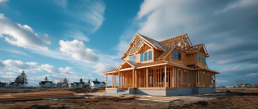 The construction depicts a blue sky with a wooden structure. creating a residential structure. As it grows, construction reveals structural intricacies.