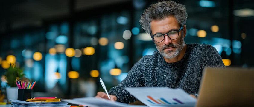 A businessman is at his office, reviewing records and reports. He examines data charts on a laptop in a neat workspace, demonstrating focus and meticulous preparation.