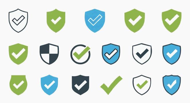 Collection of checkmark and shield icons in various colors and styles displayed on a clean background