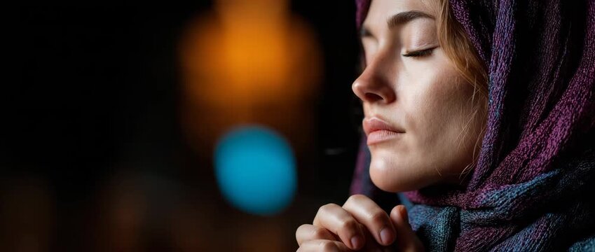 In church, a devout woman in a purple headscarf is praying with her hands clasped. Lent, faith, and repentance as they relate to Christianity