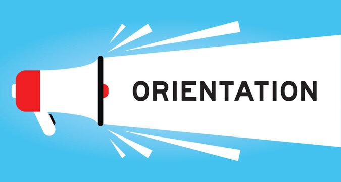 Color megaphone icon with word orientation in white banner on blue background