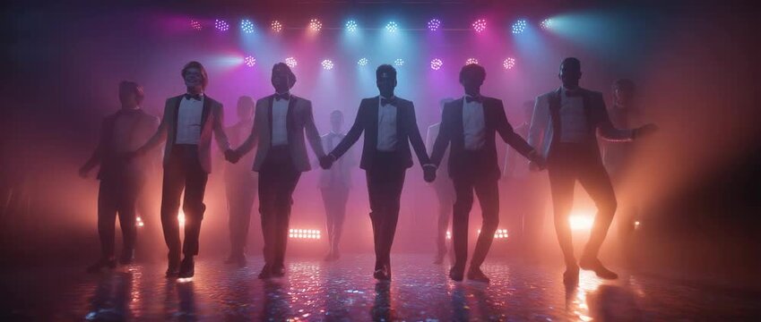 Men's group disco party dancers having a good time. Retro artists, dressed in velvet coats and bow ties, execute coordinated routines under vibrant stage lights.