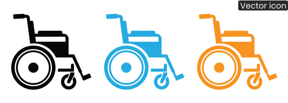 Set of modern wheelchair icons in black, blue, and orange colors, symbolizing accessibility and mobility aid