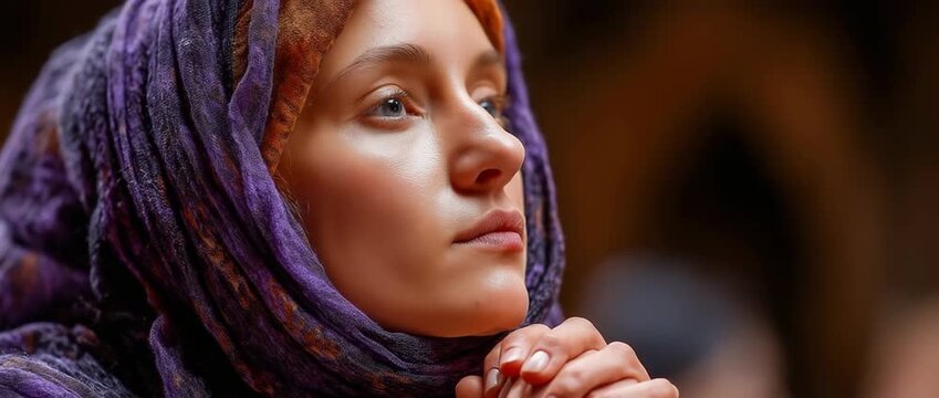 In church, a devout woman in a purple headscarf is praying with her hands clasped. Lent, faith, and repentance as they relate to Christianity