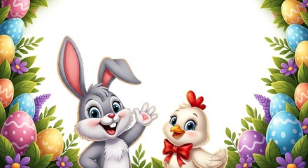 Fototapeta premium Happy easter greeting with easter bunny and chick in colorful eggs floral border
