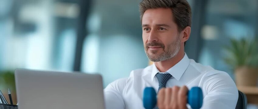 A businessman combines work with exercise while sitting at his desk, smiling, clutching a blue dumbbell, and working out his arm while staring at his laptop screen.