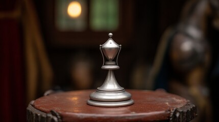A silver chess piece is sitting on a wooden table
