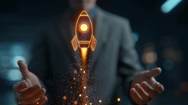 Businessman launching glowing futuristic rocket startup concept with sparks and digital innovation