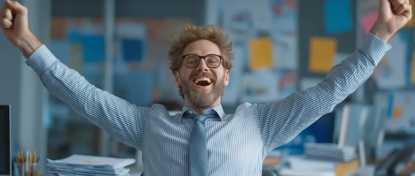 A happy dance celebration of a businessman's office achievement. He uses reports in a workspace to celebrate growth, which stands for success, motivation, and profit.