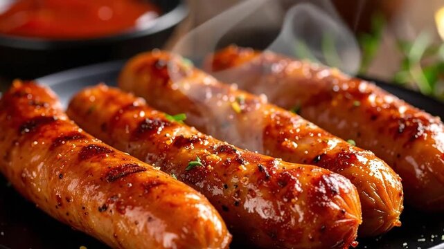 Close-up shot of delicious grilled sausages served on a black plate with herbs and spices.