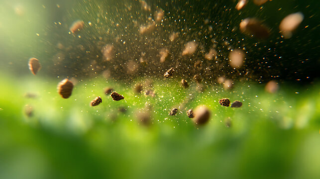Close-up of soil particles being scattered over fresh green grass, depicting the beauty of nature and growth.