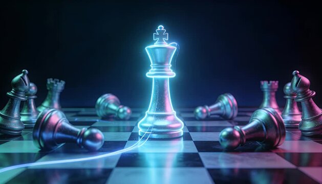 Chess king strategy leadership victory, neon glow futuristic chessboard on dark background, fallen piece on board, glowing checkmate motivation for winning mindset, planning, competition intro