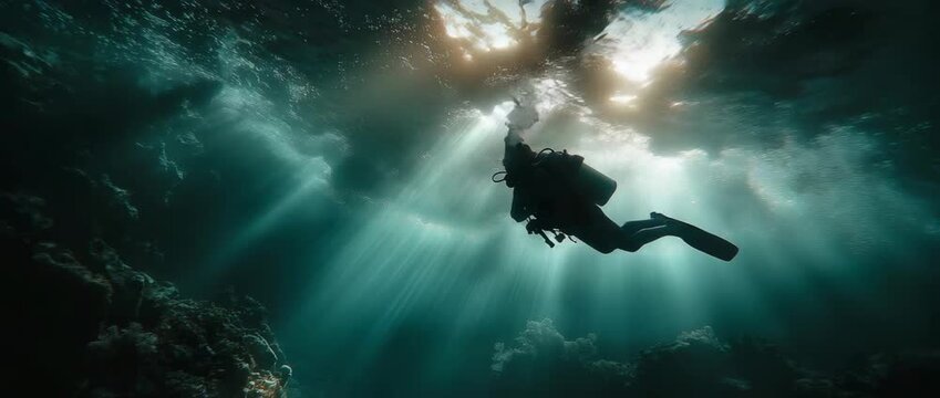 Sunlight pierces the dark teal water from above, suspending the diver underwater.