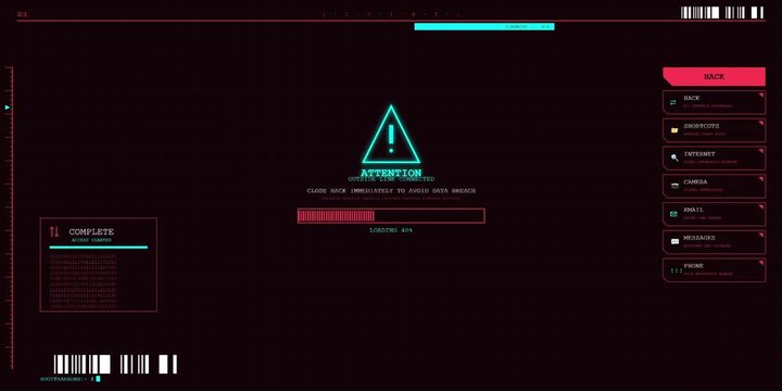 Digital interface displaying warning symbol on dark background with futuristic elements and menu options from a user's viewpoint