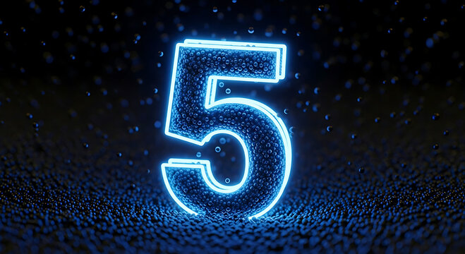 A glowing blue neon number five on a dark background with water droplets