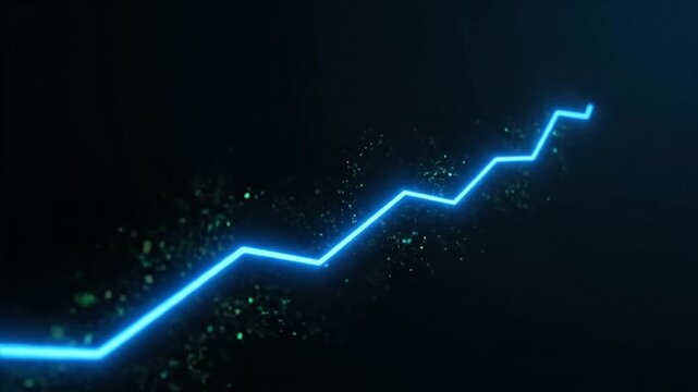 Glowing blue line graph trending upward on dark background with scattered green particles
