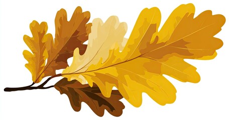Obraz premium A close-up of a branch with oak leaves, showing gradients of yellow and brown hues
