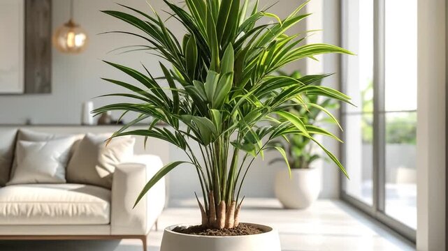 A vibrant indoor plant in a white pot, adding a touch of nature to a modern living room setting.