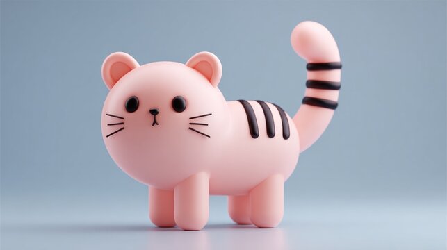 A pink cat with black stripes is standing on a blue background