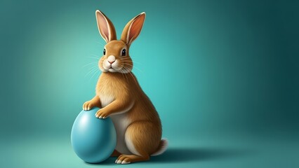 Fototapeta premium Easter bunny holding blue egg in teal background