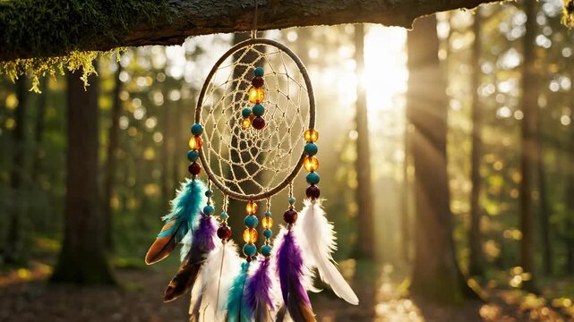 Dreamcatcher hangs in forest, sunbeams