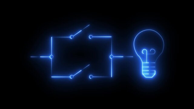 Glowing Neon Circuit Board with Bulb Icon Animation on black background.  Futuristic Tech Idea Concept Digital Innovation Light . 4k motion video animation.