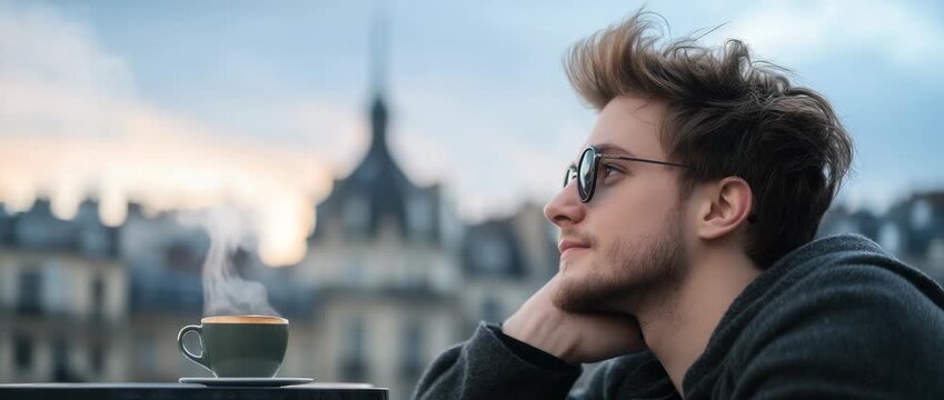 Enjoying coffee and thinking on a rooftop in Paris during early morning hours