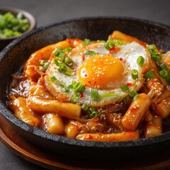 Traditional Korean spicy rice cakes tteokbokki topped with a fried egg and scallions in a cast iron pan