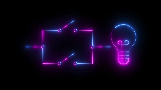 Glowing Neon Circuit Board with Bulb Icon Animation on black background.  Futuristic Tech Idea Concept Digital Innovation Light . 4k motion video animation.