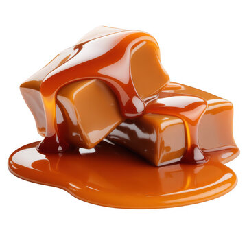Caramel candy pieces melting caramel sauce sweets isolated on a transparent background
