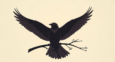 Fototapeta premium Black Bird Spreading Wings on Branch